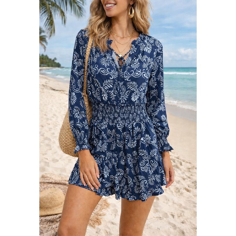 Cupshe Paisley Print Smocked Mini Dress Blue Long Sleeve NWT S